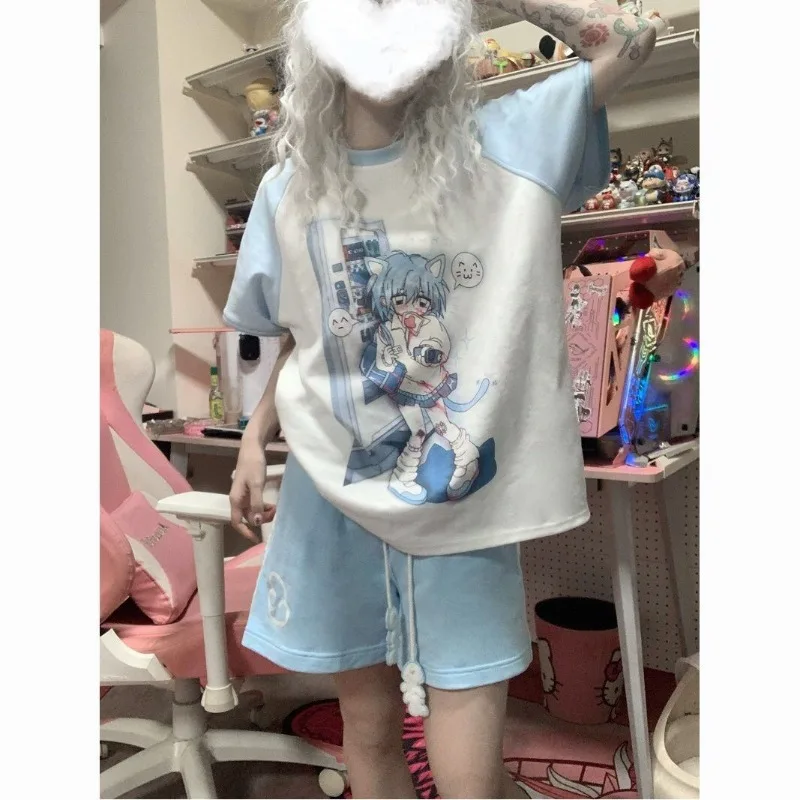 HOUZHOU Kawaii Sweet Lace Up Women Shorts Cute Cartoon Print Japanese Style Wide Leg Short Pants Baggy Casual Youthful Summer