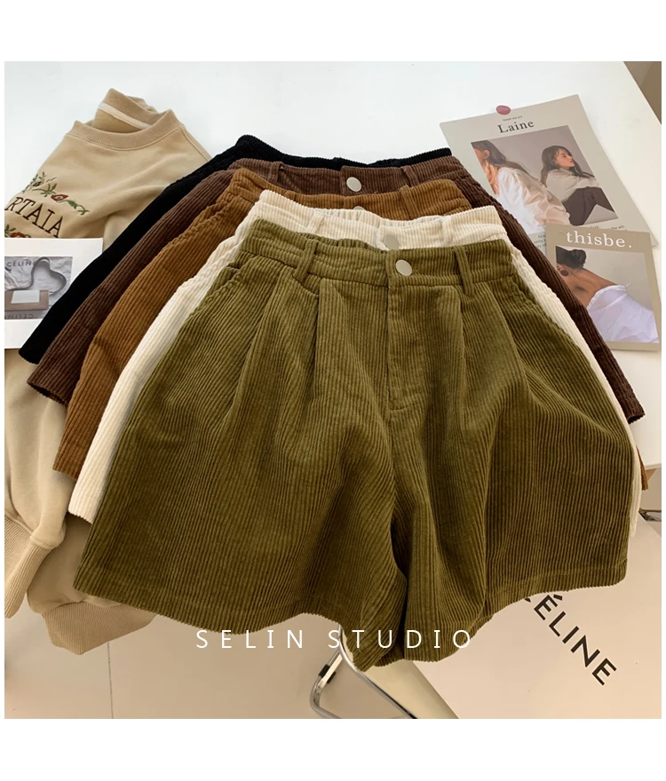 2024 New Corduroy Women's Cargo Shorts Autumn Winter High Waist Wide Leg Shorts Casual Vintage Female Trousers Fashion