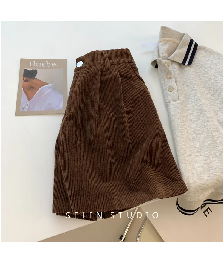 2024 New Corduroy Women's Cargo Shorts Autumn Winter High Waist Wide Leg Shorts Casual Vintage Female Trousers Fashion