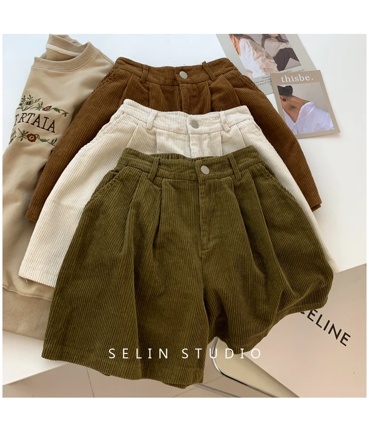 2024 New Corduroy Women's Cargo Shorts Autumn Winter High Waist Wide Leg Shorts Casual Vintage Female Trousers Fashion