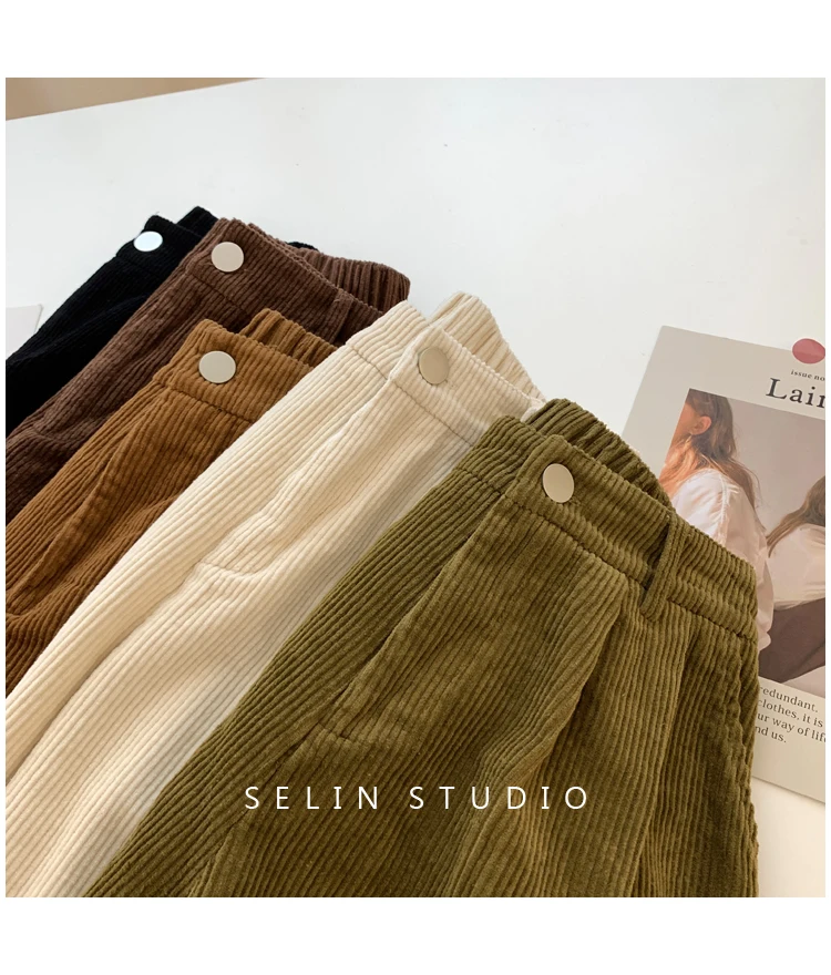 2024 New Corduroy Women's Cargo Shorts Autumn Winter High Waist Wide Leg Shorts Casual Vintage Female Trousers Fashion