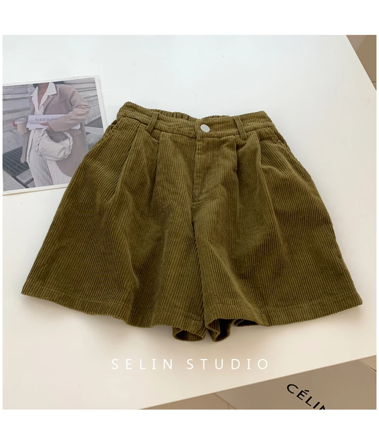 2024 New Corduroy Women's Cargo Shorts Autumn Winter High Waist Wide Leg Shorts Casual Vintage Female Trousers Fashion