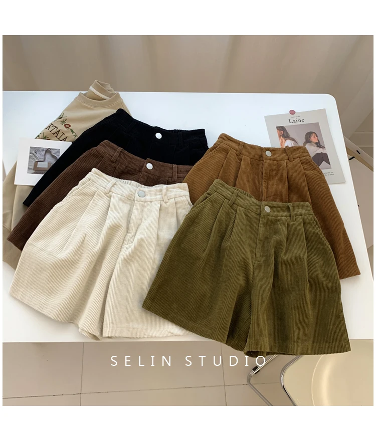 2024 New Corduroy Women's Cargo Shorts Autumn Winter High Waist Wide Leg Shorts Casual Vintage Female Trousers Fashion