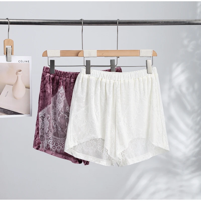 Lace Trim Women Shorts Vintage Velvet Lace Shorts High Waist Versatile Shorts Daily Fashion Casual Outfit Stylish Party Outfit