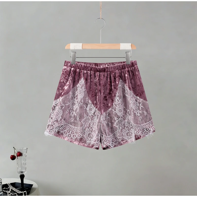 Lace Trim Women Shorts Vintage Velvet Lace Shorts High Waist Versatile Shorts Daily Fashion Casual Outfit Stylish Party Outfit