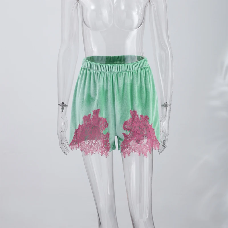Contrast Lace Hem Elastic Waist Women's Shorts Mint Green Relaxed Shorts Raw Edge Relaxed Shorts Home Relaxing Wear