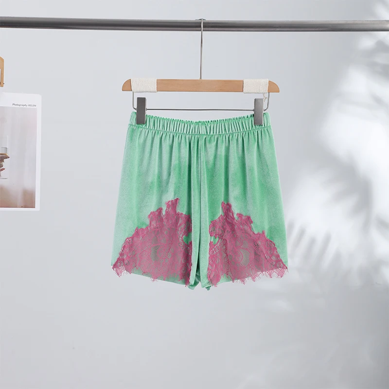 Contrast Lace Hem Elastic Waist Women's Shorts Mint Green Relaxed Shorts Raw Edge Relaxed Shorts Home Relaxing Wear