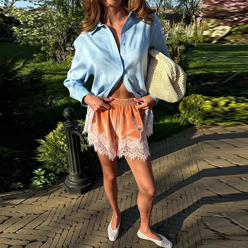 Contrast Lace Hem Elastic Waist Women's Shorts Mint Green Relaxed Shorts Raw Edge Relaxed Shorts Home Relaxing Wear