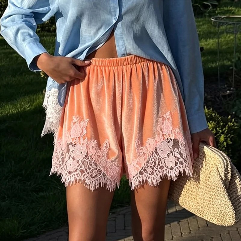 Contrast Lace Hem Elastic Waist Women's Shorts Mint Green Relaxed Shorts Raw Edge Relaxed Shorts Home Relaxing Wear