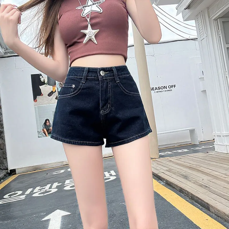Casual Denim Shorts Women Summer Slim Fit High Waisted Pockets Hot Mini Pants Female Deep Blue Versatile Slimming Short Jeans