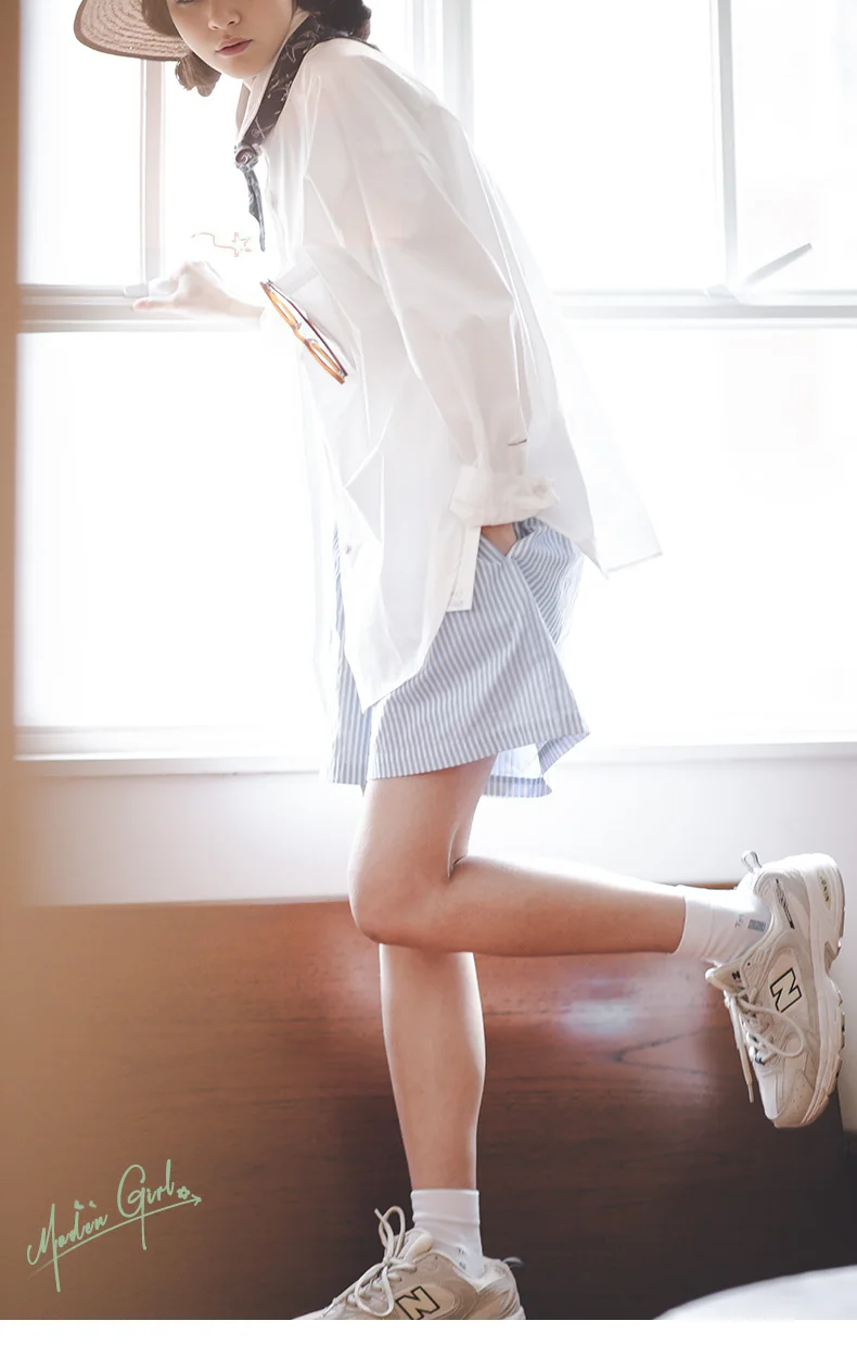 Maden Japanese Casual Blue and White Striped Shorts for Women Cotton Loose Sports Wide Leg Short Pants High Waist Bermuda Shorts