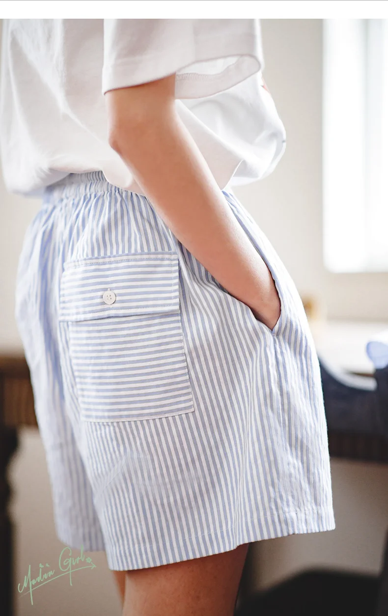 Maden Japanese Casual Blue and White Striped Shorts for Women Cotton Loose Sports Wide Leg Short Pants High Waist Bermuda Shorts