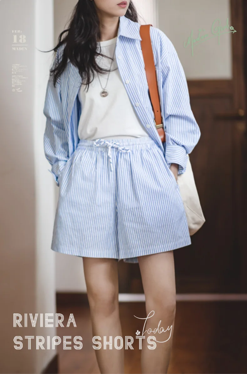 Maden Japanese Casual Blue and White Striped Shorts for Women Cotton Loose Sports Wide Leg Short Pants High Waist Bermuda Shorts