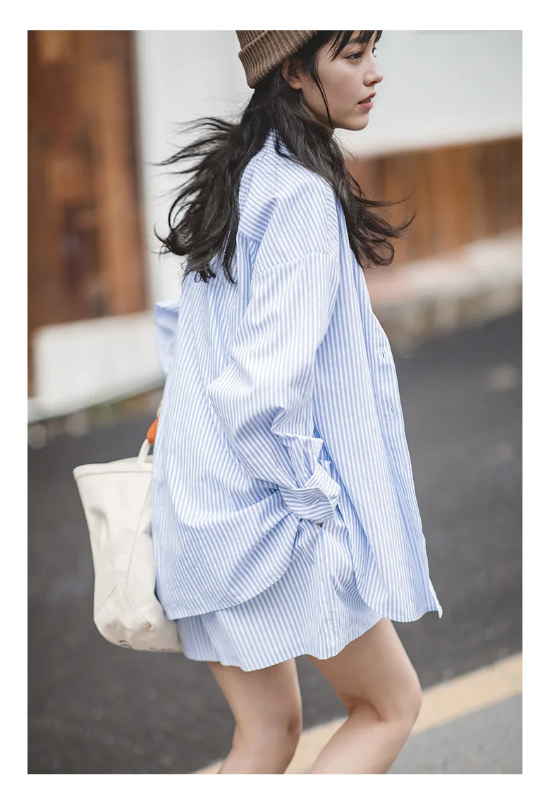 Maden Japanese Casual Blue and White Striped Shorts for Women Cotton Loose Sports Wide Leg Short Pants High Waist Bermuda Shorts