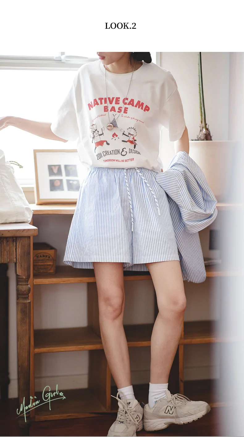 Maden Japanese Casual Blue and White Striped Shorts for Women Cotton Loose Sports Wide Leg Short Pants High Waist Bermuda Shorts