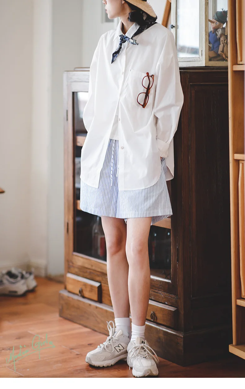 Maden Japanese Casual Blue and White Striped Shorts for Women Cotton Loose Sports Wide Leg Short Pants High Waist Bermuda Shorts