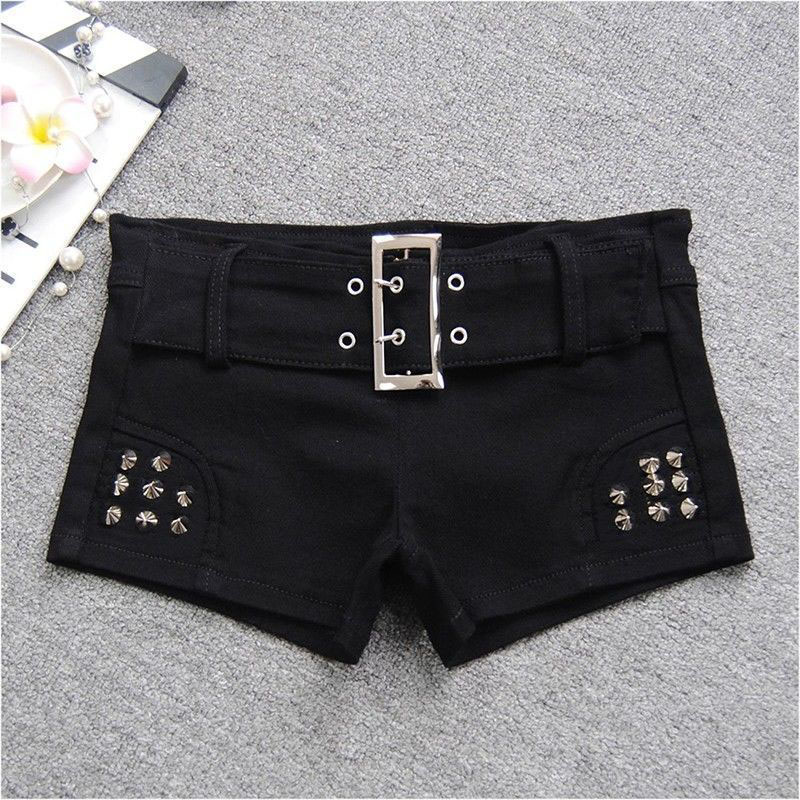 Black Sexy Hot Girl Low-Waisted Jean Shorts Woman American Retro Elastic Slim Ultrashort Jeans Gothic Y2K Rivet Denim Shorts