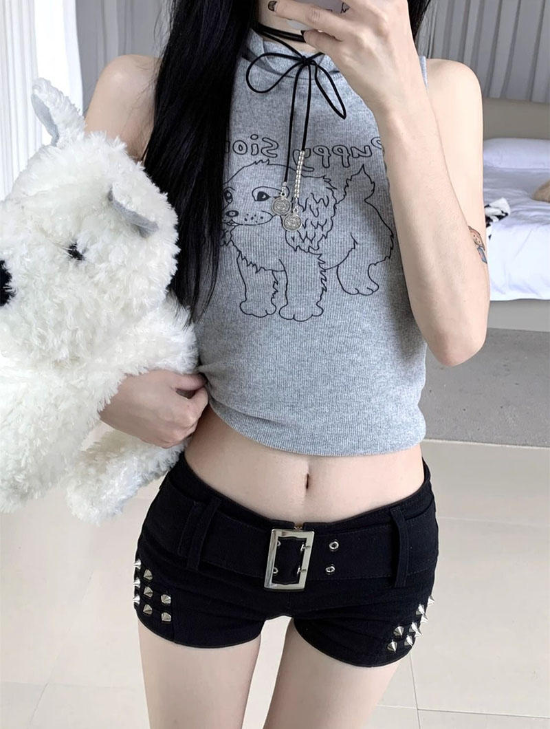 Black Sexy Hot Girl Low-Waisted Jean Shorts Woman American Retro Elastic Slim Ultrashort Jeans Gothic Y2K Rivet Denim Shorts