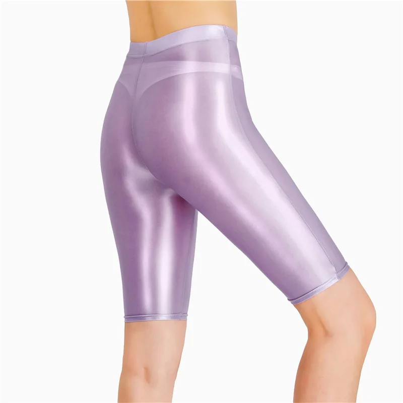 New Oil Glossy Mesh Seven Points Shorts Sexy Yoga Pants High Elasticity Perspective Korean Style Women Fashion Polychrome 4HOA