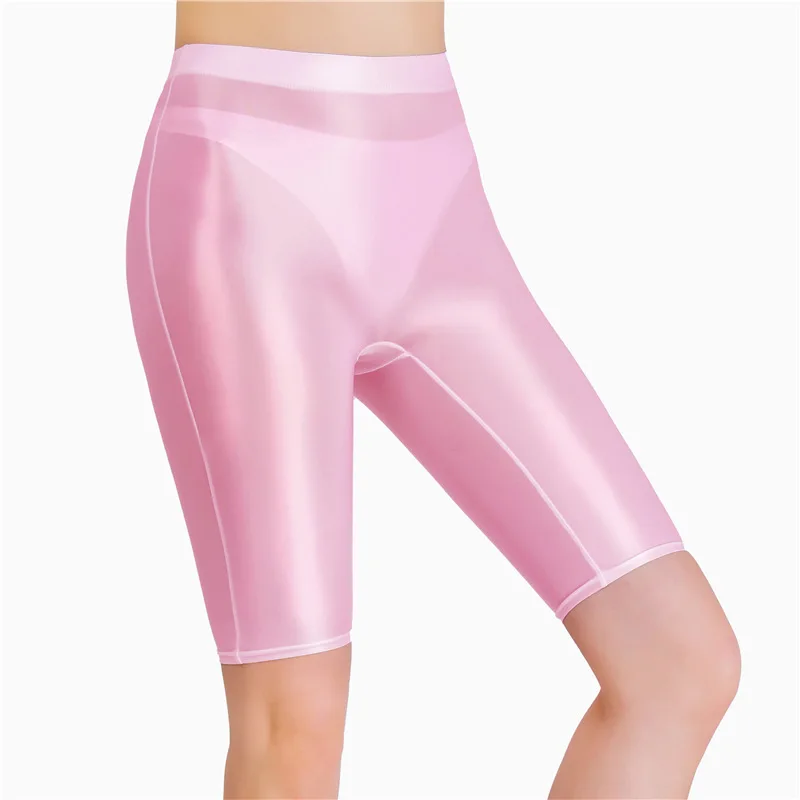 New Oil Glossy Mesh Seven Points Shorts Sexy Yoga Pants High Elasticity Perspective Korean Style Women Fashion Polychrome 4HOA
