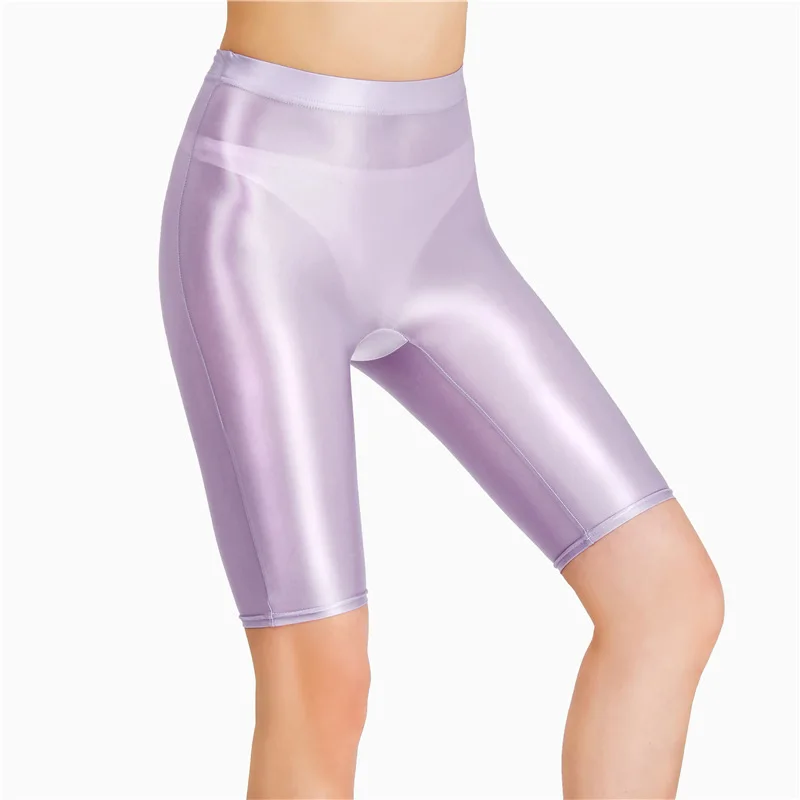 New Oil Glossy Mesh Seven Points Shorts Sexy Yoga Pants High Elasticity Perspective Korean Style Women Fashion Polychrome 4HOA