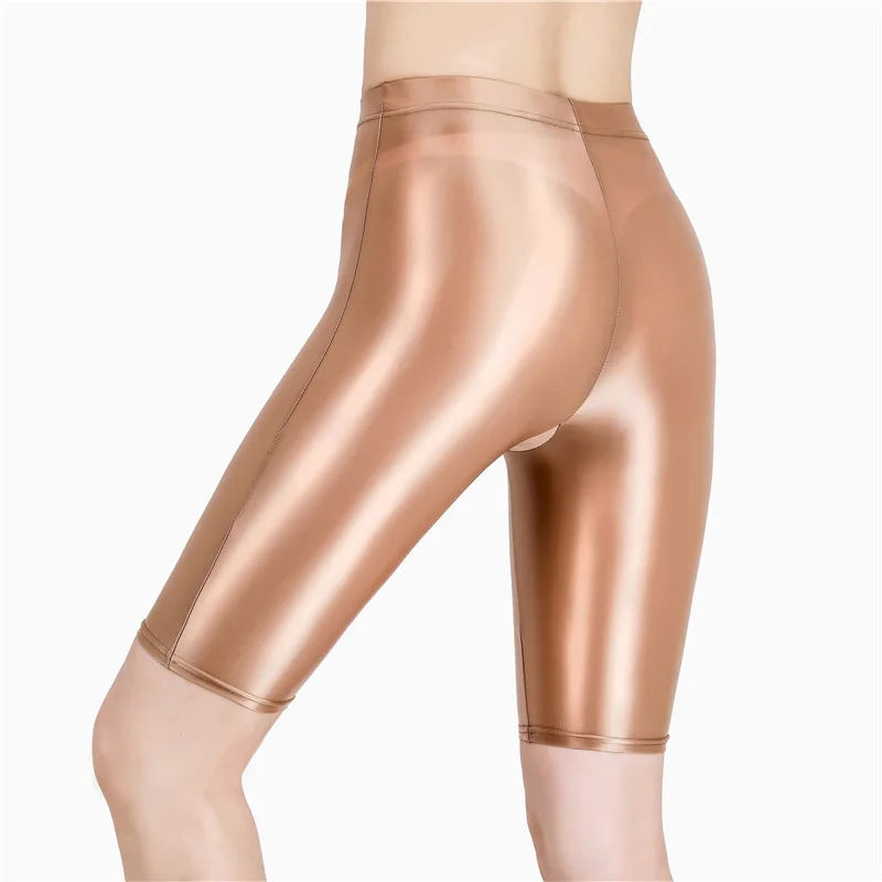 New Oil Glossy Mesh Seven Points Shorts Sexy Yoga Pants High Elasticity Perspective Korean Style Women Fashion Polychrome 4HOA