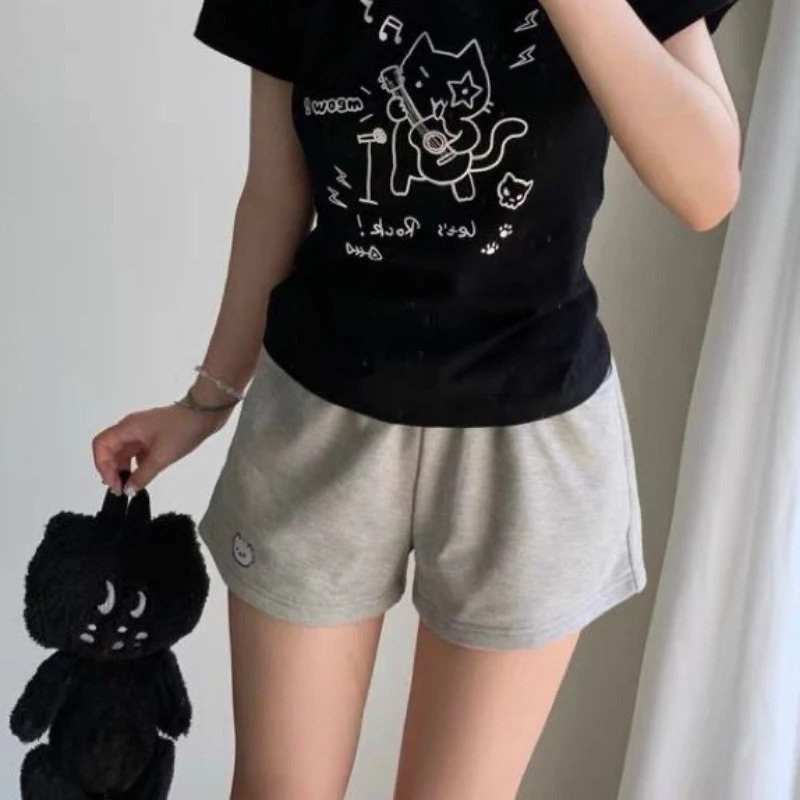 Cotton Shorts Women Print Cute Pantalones Cortos De Mujer 2025 New Bottoms Casual Fashion Elastic Waist Summer Wide Leg Pants