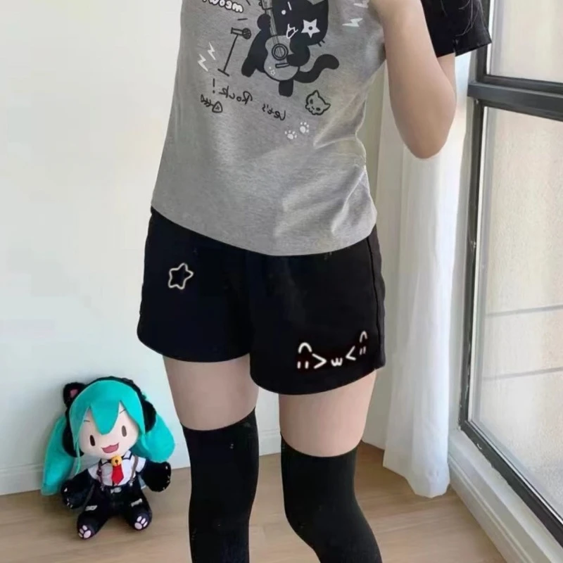 Cotton Shorts Women Print Cute Pantalones Cortos De Mujer 2025 New Bottoms Casual Fashion Elastic Waist Summer Wide Leg Pants