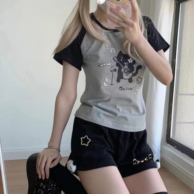 Cotton Shorts Women Print Cute Pantalones Cortos De Mujer 2025 New Bottoms Casual Fashion Elastic Waist Summer Wide Leg Pants