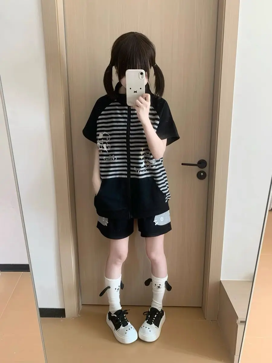 Japanese Shorts for Women Embroidery Cartoon Elastic Waist Wide Leg Pants Summer Casual Pantalones Cortos De Mujer 2025 Bottoms