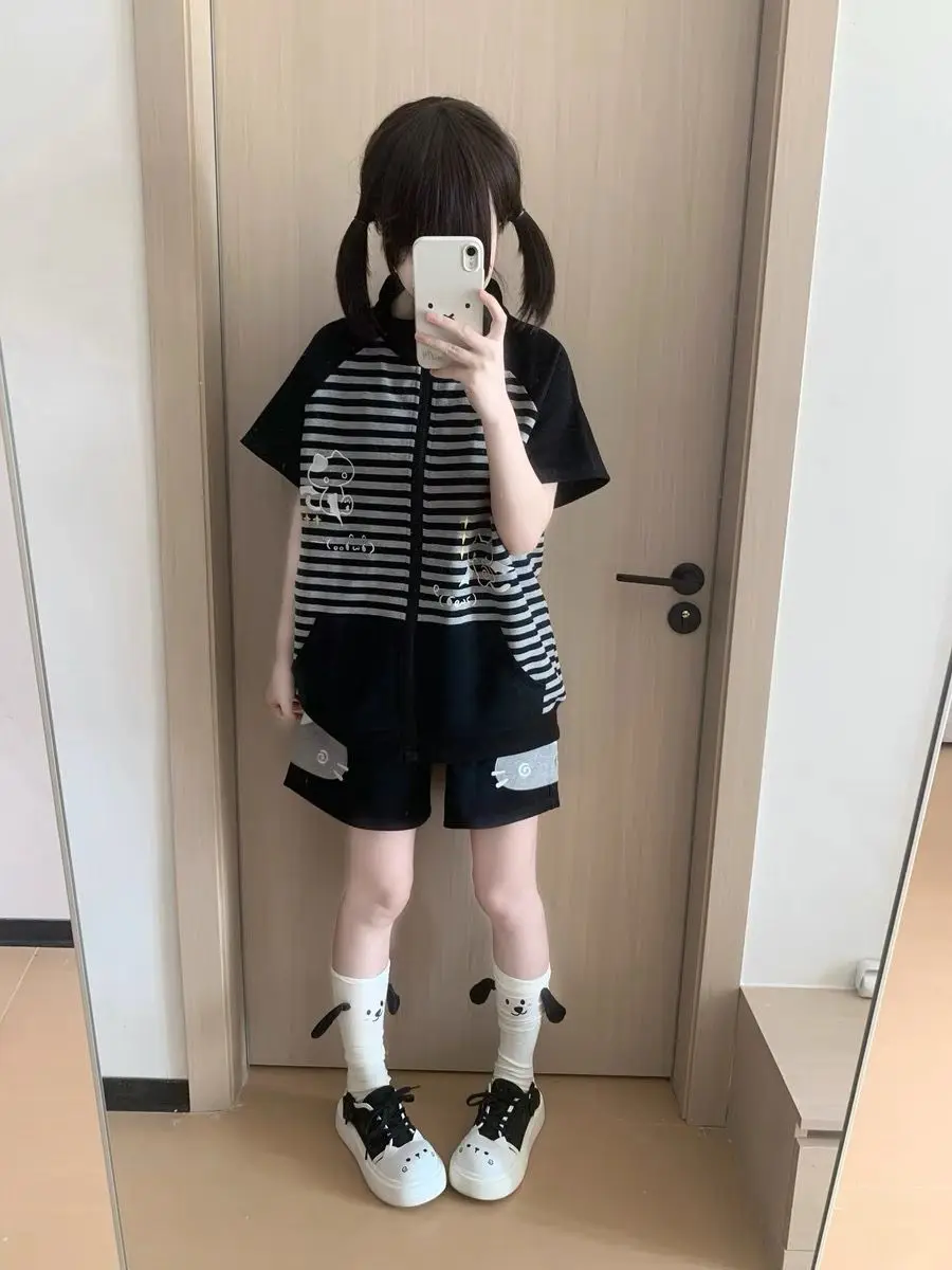 Japanese Shorts for Women Embroidery Cartoon Elastic Waist Wide Leg Pants Summer Casual Pantalones Cortos De Mujer 2025 Bottoms