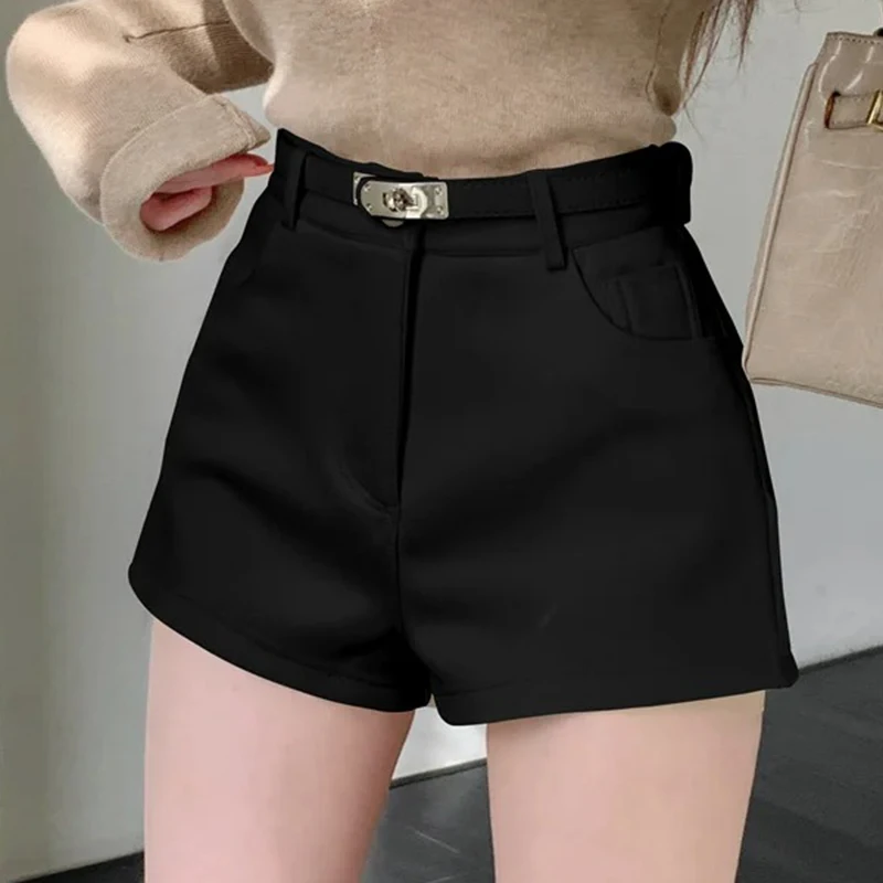 FOTVOTEE Fashion High Waisted Shorts Women Casual Solid Slim Short Pants with Belt 2025 New Retro All Match Simple Female Shorts