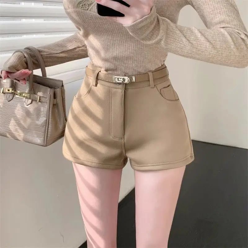 FOTVOTEE Fashion High Waisted Shorts Women Casual Solid Slim Short Pants with Belt 2025 New Retro All Match Simple Female Shorts