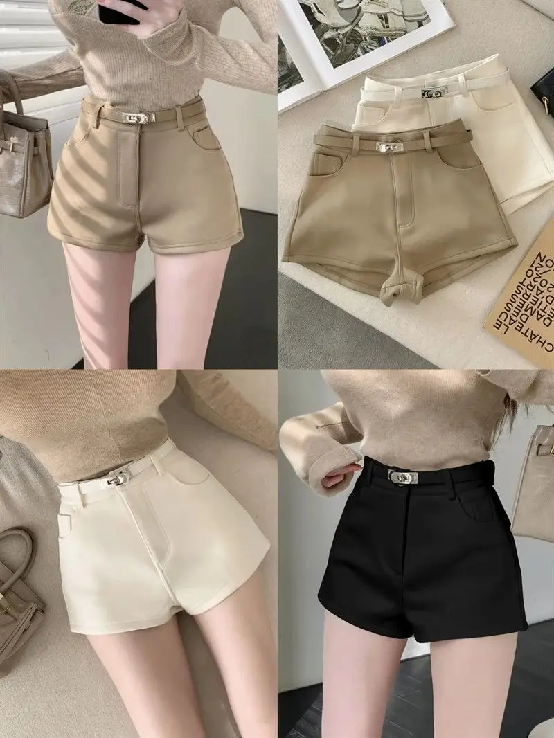 FOTVOTEE Fashion High Waisted Shorts Women Casual Solid Slim Short Pants with Belt 2025 New Retro All Match Simple Female Shorts