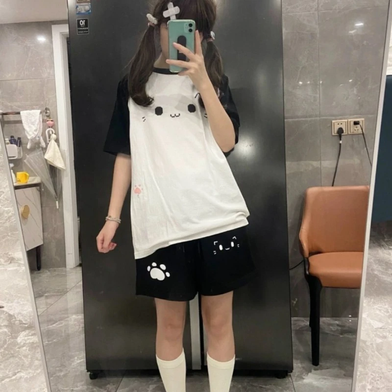 Women Summer Casual Shorts High Waist Black Y2k Kawaii Sweet Cat Print Wide Leg Pants Chic Japanese Pantalones Cortos De Mujer