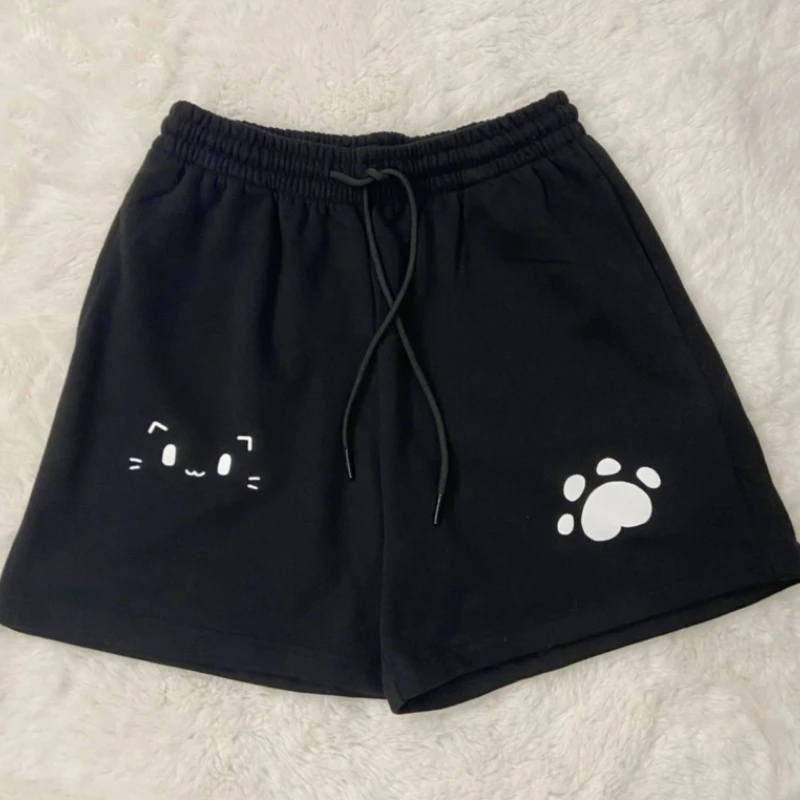 Women Summer Casual Shorts High Waist Black Y2k Kawaii Sweet Cat Print Wide Leg Pants Chic Japanese Pantalones Cortos De Mujer
