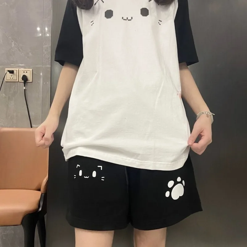 Women Summer Casual Shorts High Waist Black Y2k Kawaii Sweet Cat Print Wide Leg Pants Chic Japanese Pantalones Cortos De Mujer