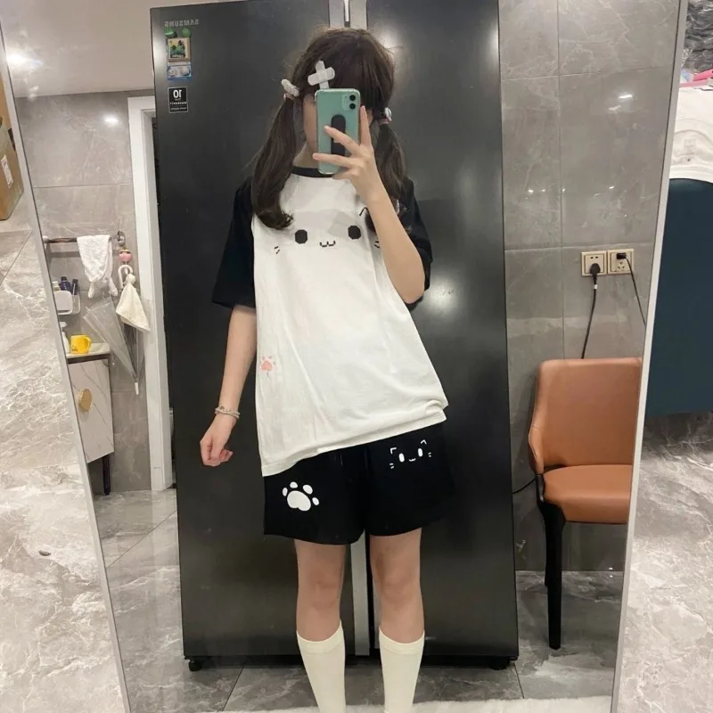 Women Summer Casual Shorts High Waist Black Y2k Kawaii Sweet Cat Print Wide Leg Pants Chic Japanese Pantalones Cortos De Mujer