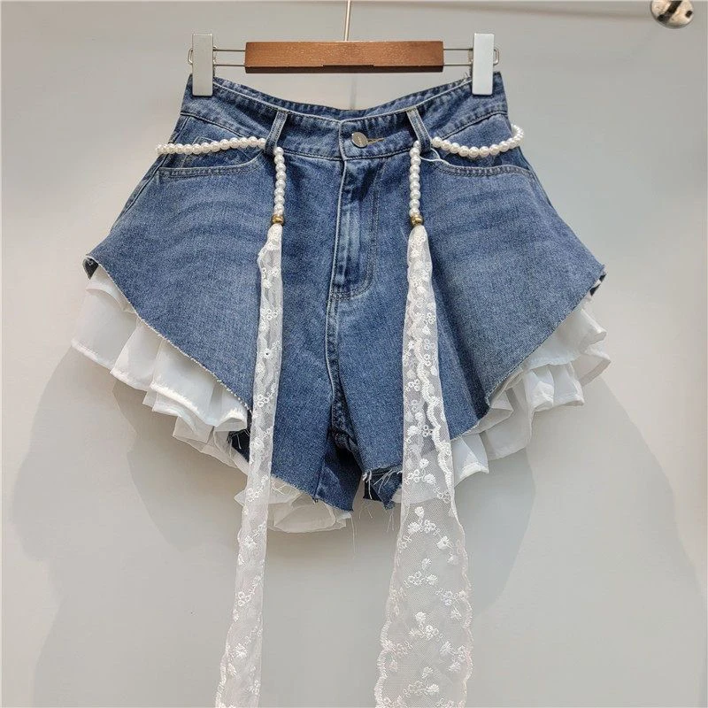 Aoaiiys Blue Jean Shorts Women Denim Shorts Patchwork Ruffle Y2k with Belt Jeans Korean Girl Hot Shorts Summer Streetwear 2026