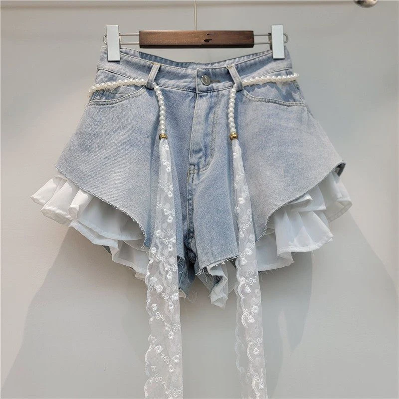 Aoaiiys Blue Jean Shorts Women Denim Shorts Patchwork Ruffle Y2k with Belt Jeans Korean Girl Hot Shorts Summer Streetwear 2026