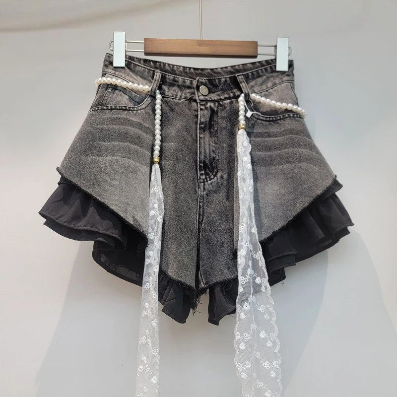 Aoaiiys Blue Jean Shorts Women Denim Shorts Patchwork Ruffle Y2k with Belt Jeans Korean Girl Hot Shorts Summer Streetwear 2026