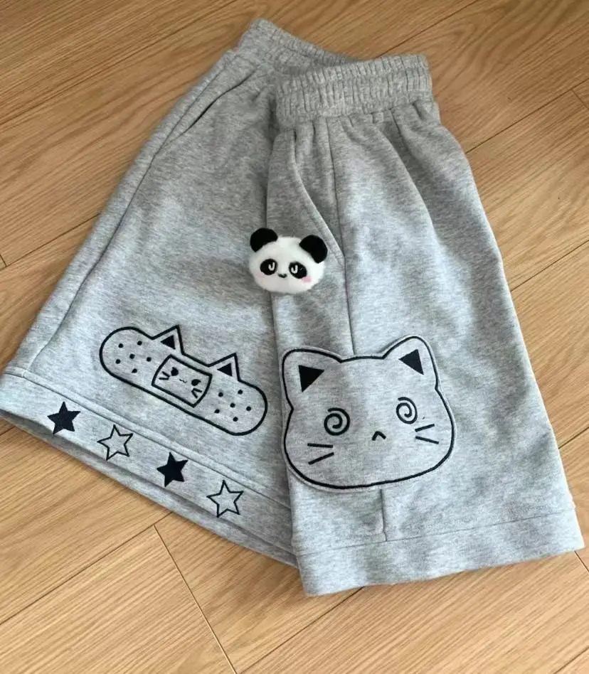Japanese Kawaii Shorts Women Sweet Cat Embroidery Short Pants Preppy Style Cute Anime Soft Girl Casual Wide Leg Shorts New