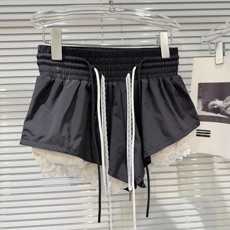 New Bottoms Korean Shorts Women High Waist Casual Patchwork Lace Wide Leg Shorts Bandage Chic Summer Pantalones Cortos De Mujer