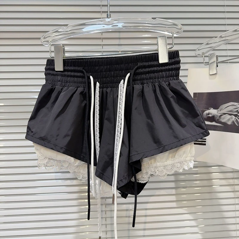 New Bottoms Korean Shorts Women High Waist Casual Patchwork Lace Wide Leg Shorts Bandage Chic Summer Pantalones Cortos De Mujer