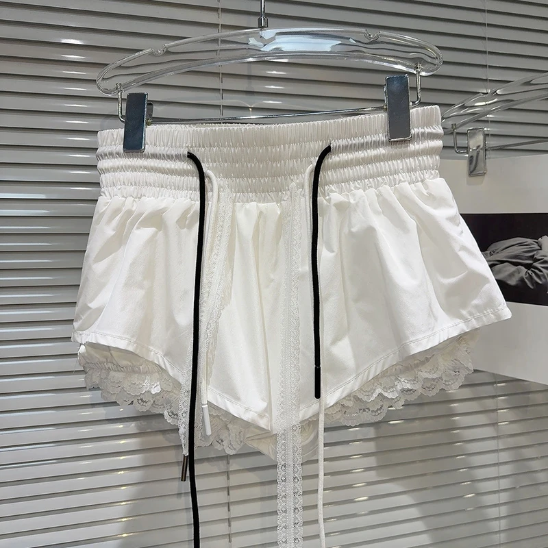 New Bottoms Korean Shorts Women High Waist Casual Patchwork Lace Wide Leg Shorts Bandage Chic Summer Pantalones Cortos De Mujer