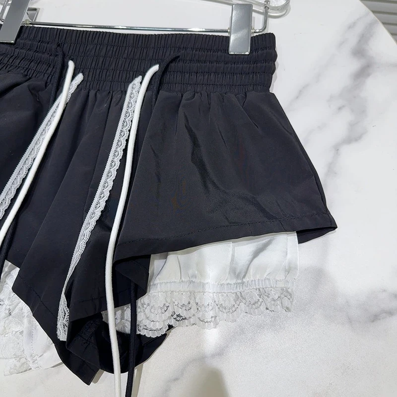 New Bottoms Korean Shorts Women High Waist Casual Patchwork Lace Wide Leg Shorts Bandage Chic Summer Pantalones Cortos De Mujer