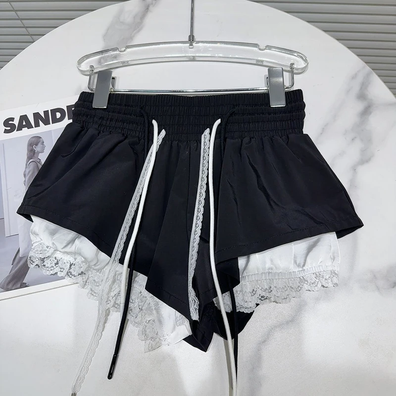 New Bottoms Korean Shorts Women High Waist Casual Patchwork Lace Wide Leg Shorts Bandage Chic Summer Pantalones Cortos De Mujer