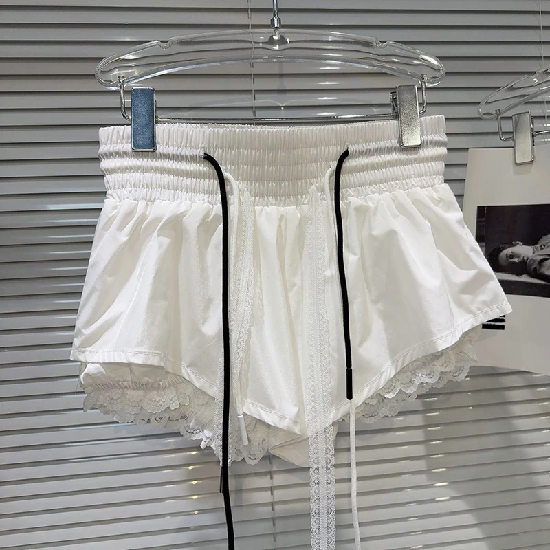 New Bottoms Korean Shorts Women High Waist Casual Patchwork Lace Wide Leg Shorts Bandage Chic Summer Pantalones Cortos De Mujer