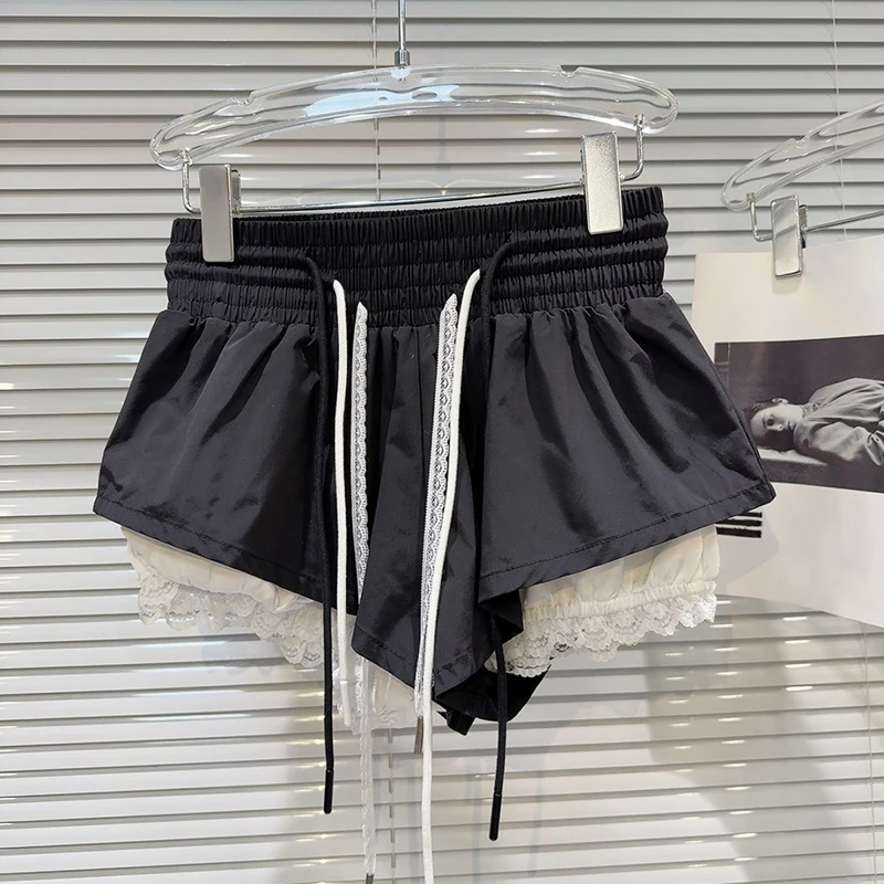 New Bottoms Korean Shorts Women High Waist Casual Patchwork Lace Wide Leg Shorts Bandage Chic Summer Pantalones Cortos De Mujer
