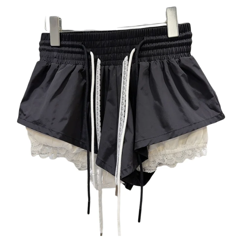 New Bottoms Korean Shorts Women High Waist Casual Patchwork Lace Wide Leg Shorts Bandage Chic Summer Pantalones Cortos De Mujer